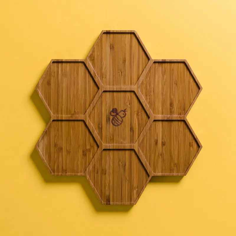 Plated Bee Multi-Use Serving Tray – Natural Wood & Stainless Steel Charcuterie Board 1