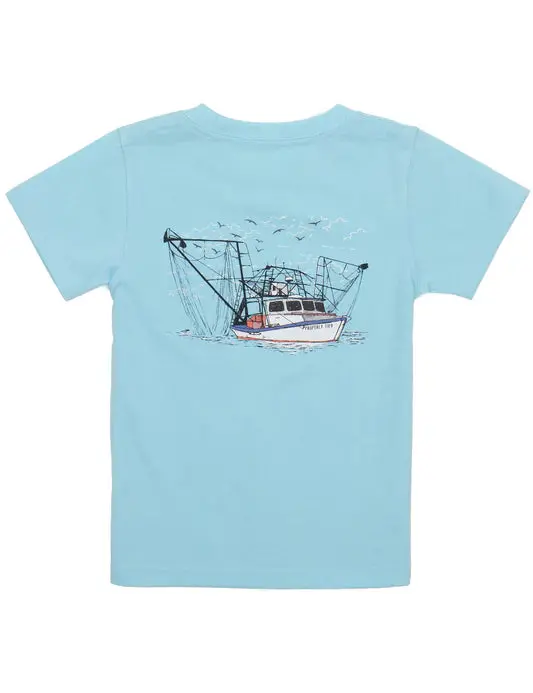 Powder Blue Shrimp Boat Print Short Sleeve Top For Boys 1