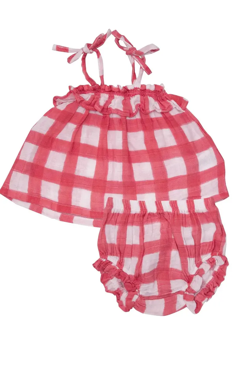 Red Gingham Ruffle Top And Bloomers Set – Hand-Painted Style 1
