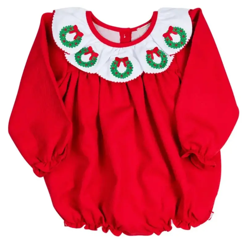 Red Wreath-Embroidered Scalloped Collar Bubble Romper 1