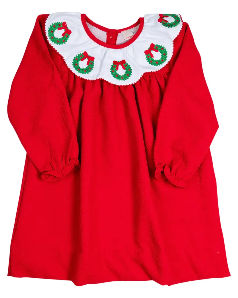 Red Wreath-Embroidered Scalloped Collar Dress 1