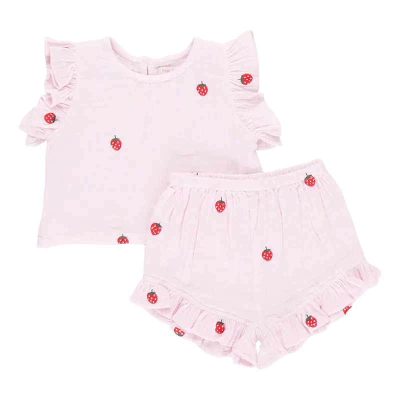 Roey Strawberry Embroidery 2-Piece Outfit For Baby Girls 1