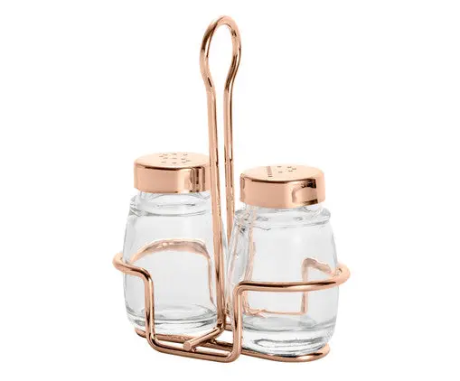 Roma Salt And Pepper Set With Stand And Lid – Rose Finish 1
