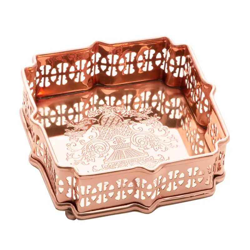 Rose-Finished Roma Metal Tray – Compact 12 × 12 × 5 Cm Design 1