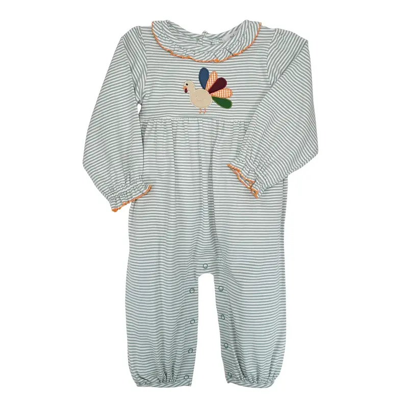 Sage Stripe Turkey-Applique Romper For Girls 1