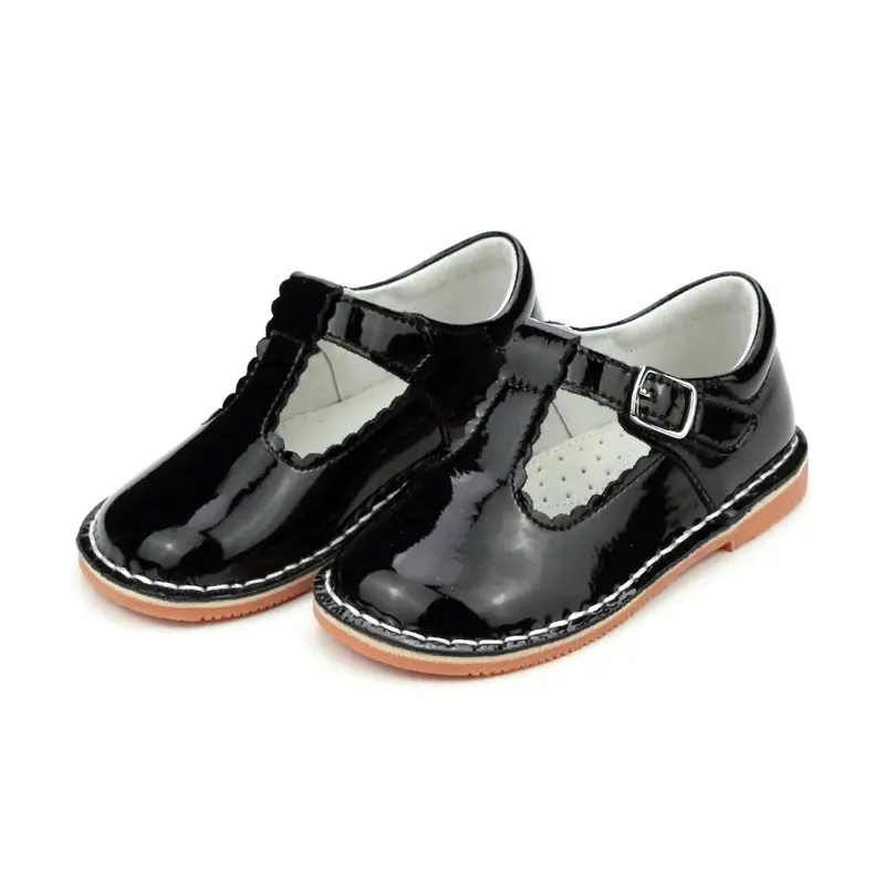 Selina Black Patent T-Strap Mary Janes With Scalloped Trim 1
