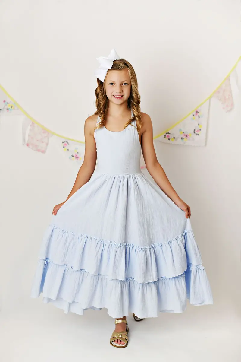 Sky Blue Muslin Maxi Twirl Dress For Girls 1