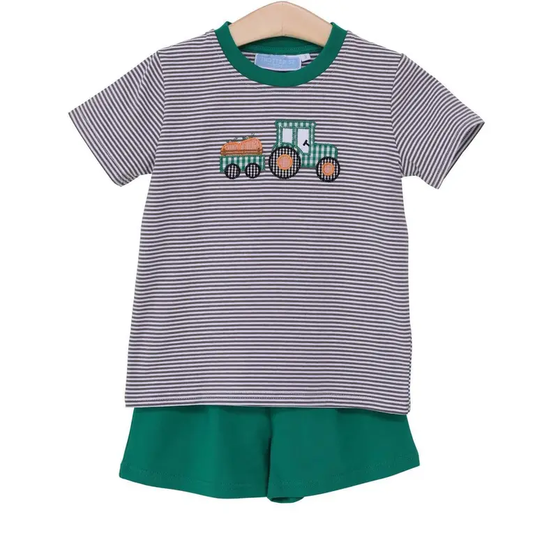Tractor & Pumpkin Appliqué Short Set For Kids 1