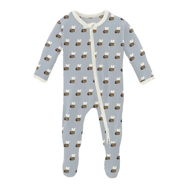 Two-Way Zipper Footie – Pearl Blue Baby Bumblebee Print 1