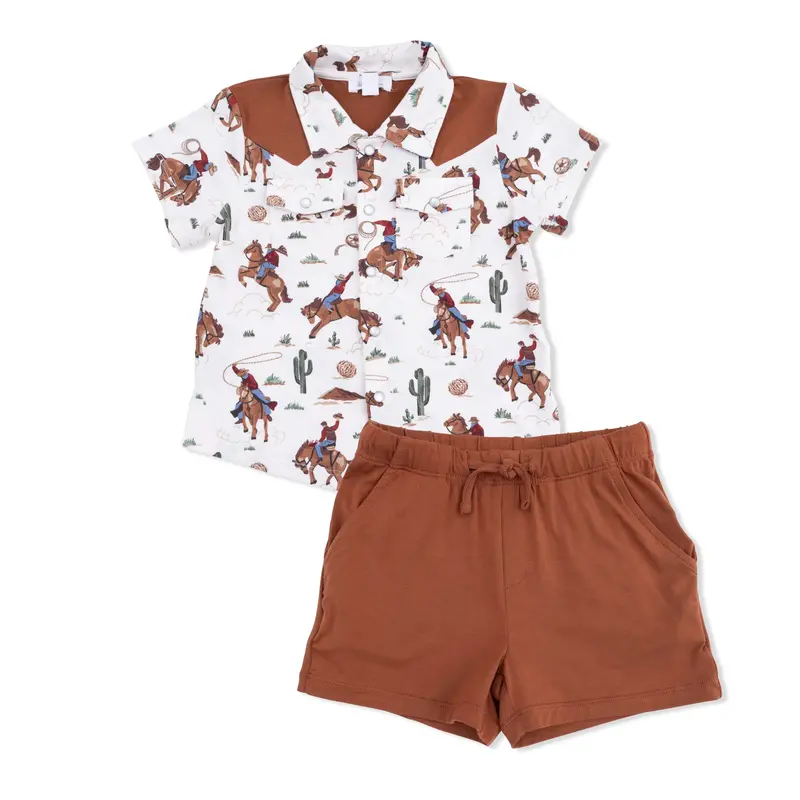 Western-Style Pearl Snap Shirt – Buckaroo Short-Sleeve Casual Top With Matching Shorts 1
