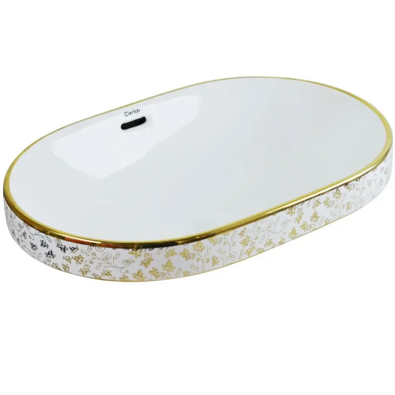 White Ceramic Overmount Sink With Gold Accents – Elegant Bathroom Basin 1
