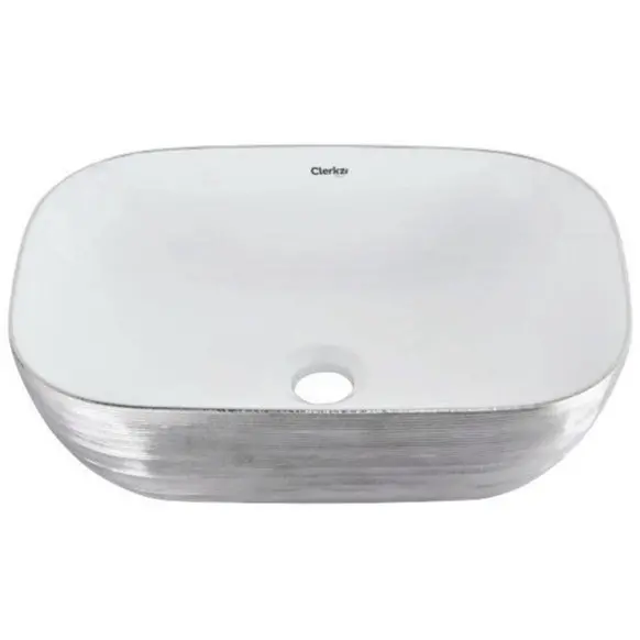 White Ceramic Sink With Horizontal Metallic Textured Exterior 1