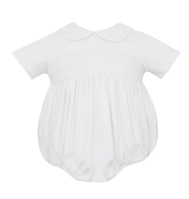White Knit Smocked Baby Boy Bubble Romper 1