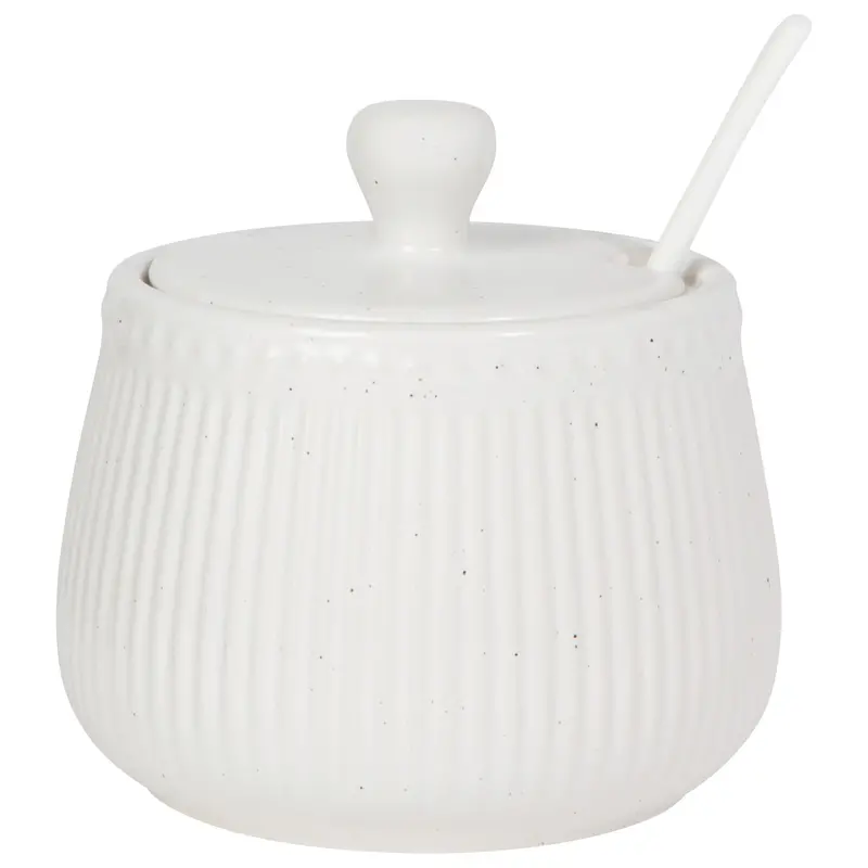 White Speckled Ceramic Sugar Bowl With Matching Spoon 1